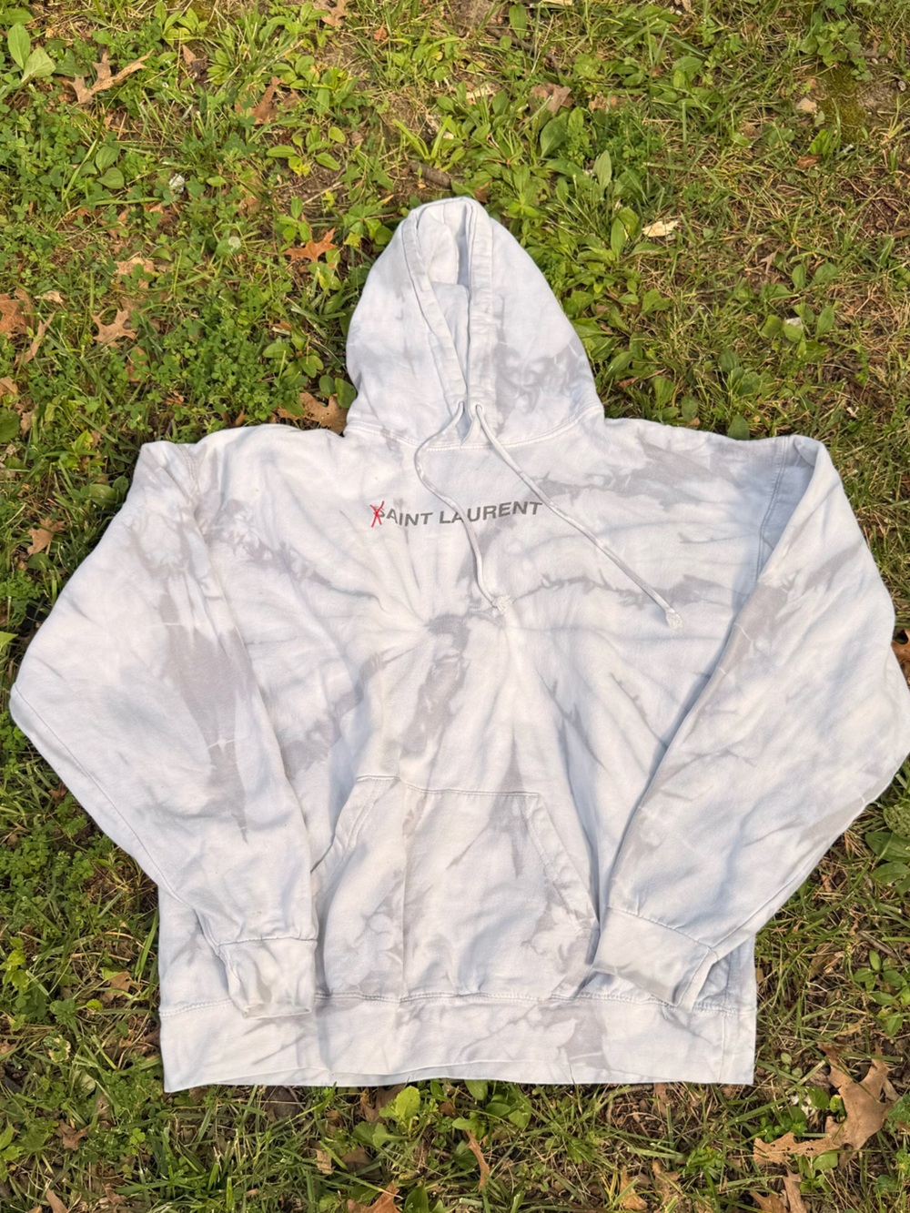 Yves Saint Laurent Light Gray and White Tie-Dye Pullover Hoodie